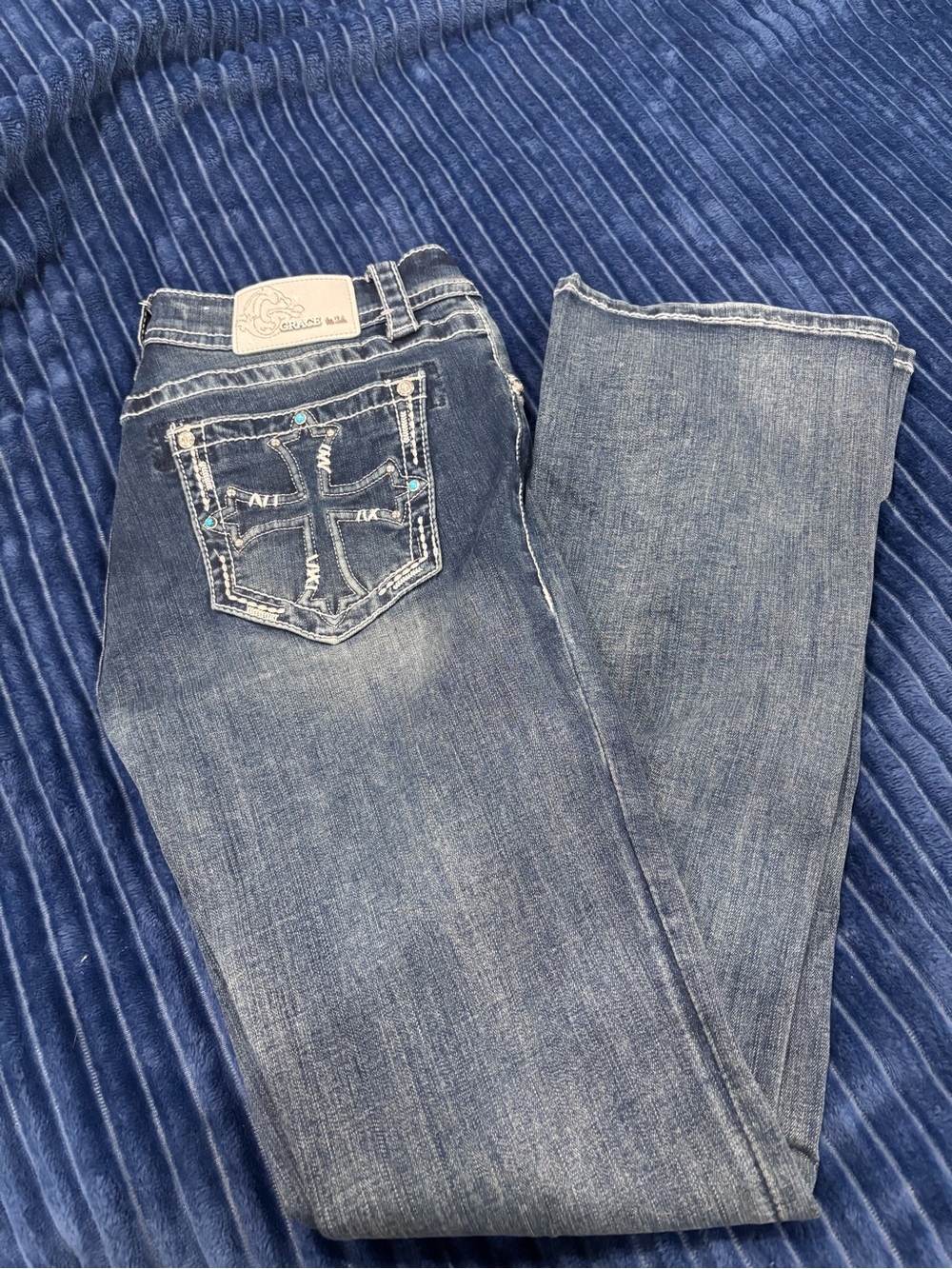 Grace in LA Women's Dark Blue Bootcut Jeans with Embroidered Back Pockets